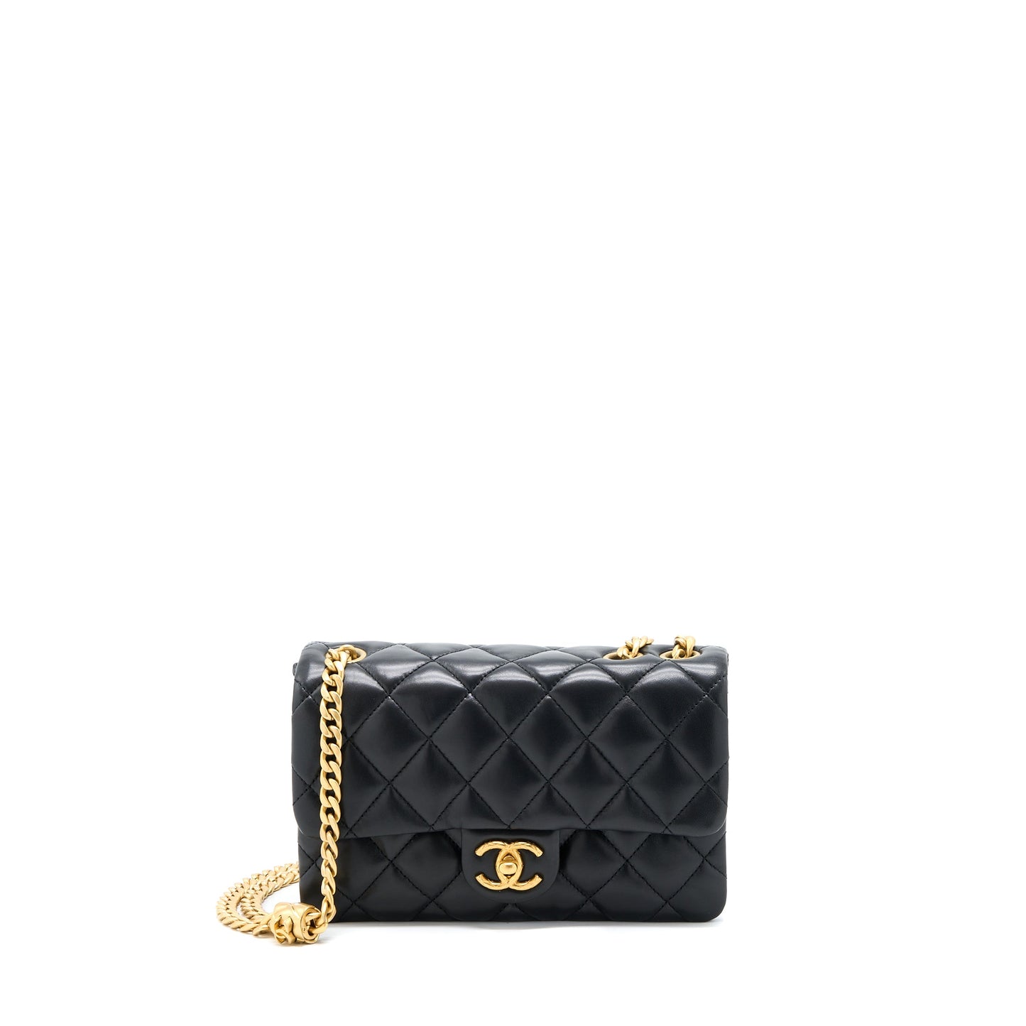 Chanel 22K Gold Pillar Adjustment Chain Flap Bag Lambskin Black  (Microchip)