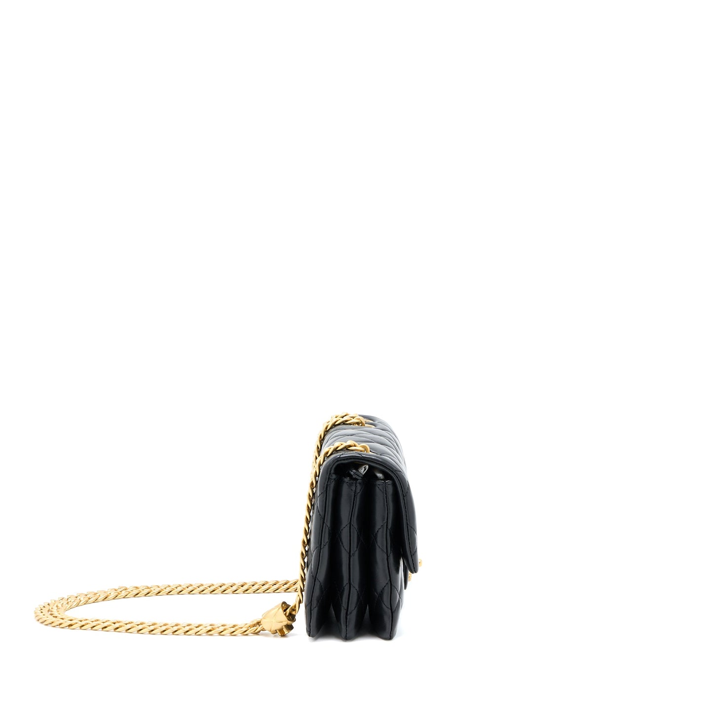 Chanel 22K Gold Pillar Adjustment Chain Flap Bag Lambskin Black  (Microchip)