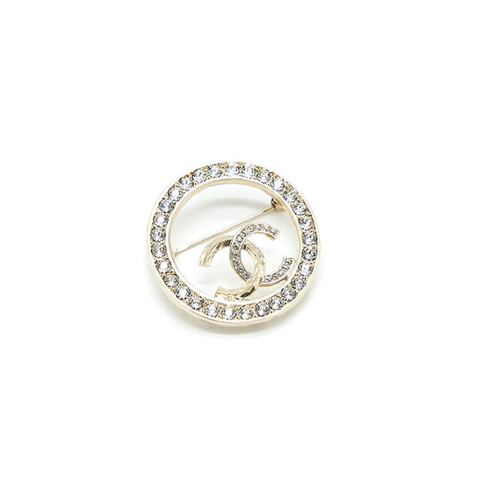 Chanel Round CC Logo Brooch Crystal Light Gold Tone