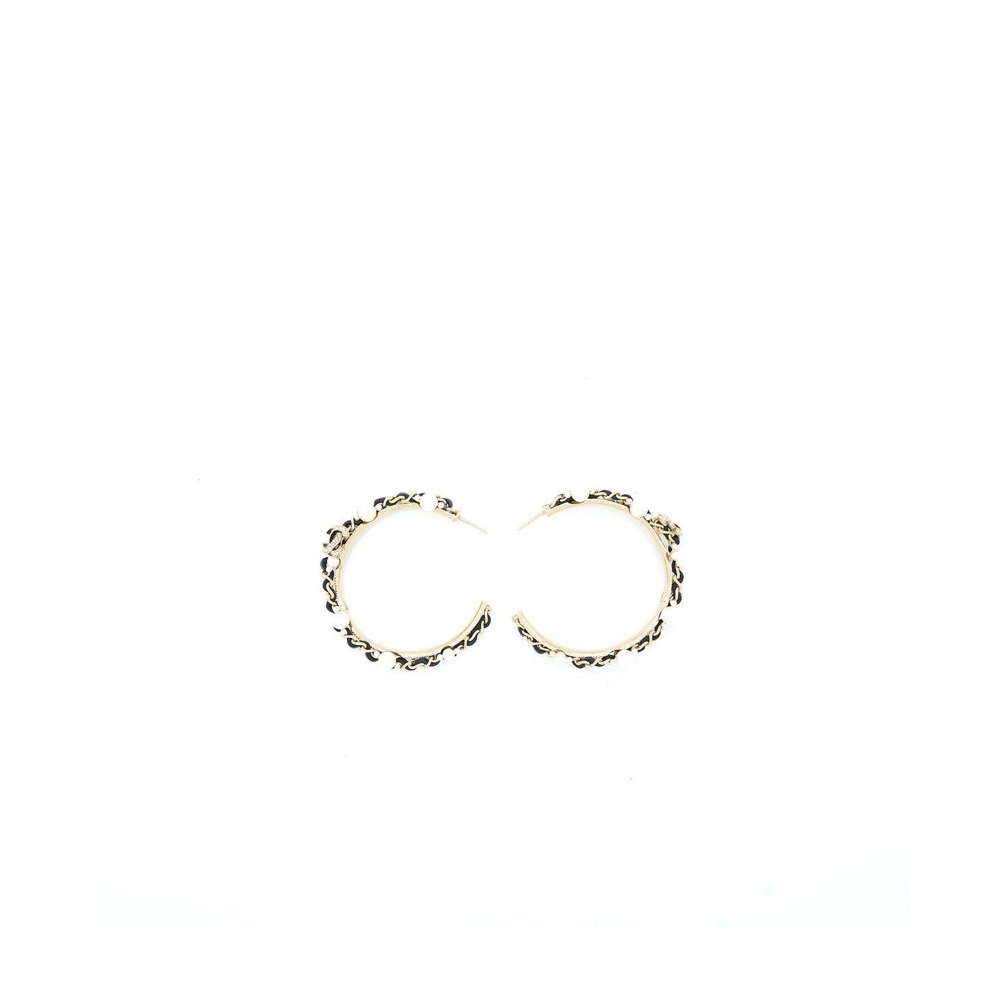 Chanel CC Logo Hoop Earrings Leather Chain/Pearl/Light Gold Tone