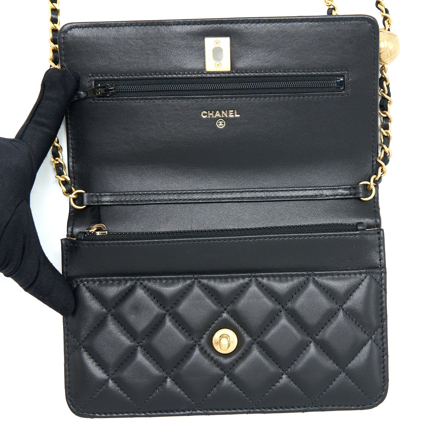 Chanel 22B Pearl Crush Wallet On Chain Lambskin Black  (Microchip)
