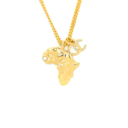 Chanel Faux Pearl / Strass Africa Map Necklace Gold Tone