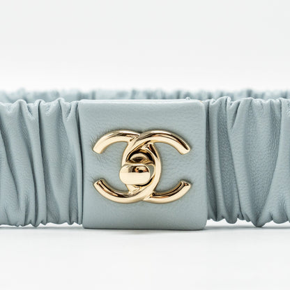 Chanel Size 75 CC Logo Belt Calfskin Light Blue Light Gold Tone