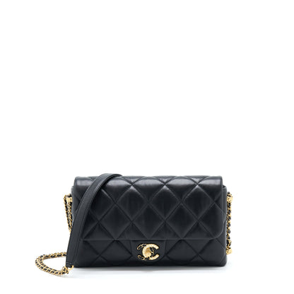 Chanel 21A Quilted Detailed Logo Flap Bag Lambskin Black  (Microchip)