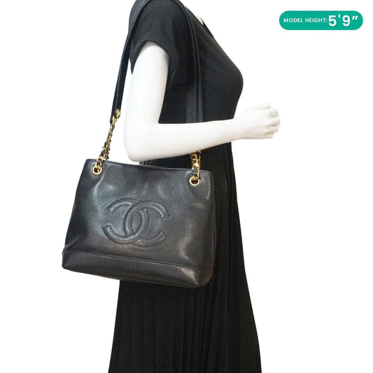 CHANEL Vintage Timeless CC Caviar Leather Chain Shoulder Strap Black