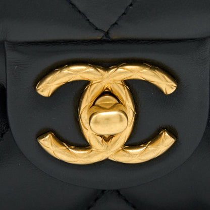 Chanel 22K Gold Pillar Adjustment Chain Flap Bag Lambskin Black  (Microchip)