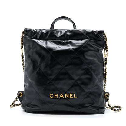 Chanel 22 Backpack Shiny Calfskin Black Brushed  (Microchip)