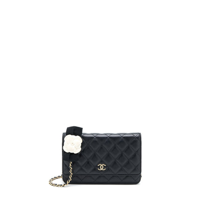 Chanel Quilted Wallet on Chain with Camellia Chain Lambskin Black L