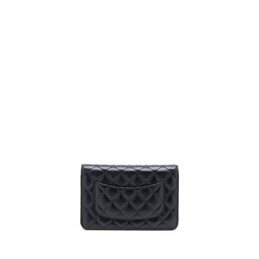 Chanel Quilted Wallet on Chain with Camellia Chain Lambskin Black L