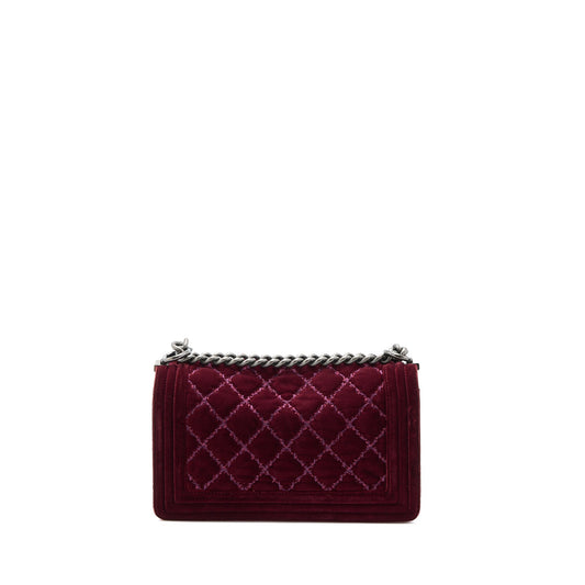 Chanel Medium Boy Bag Velvet Dark Red Ruthenium