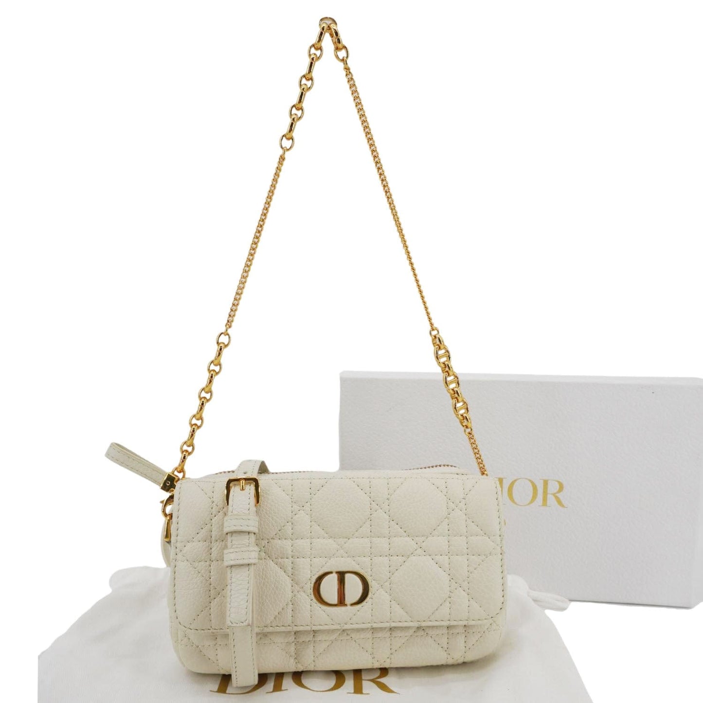 CHRISTIAN DIOR Caro Supple Cannage Calfskin Leather Chain Shoulder Bag Ivory