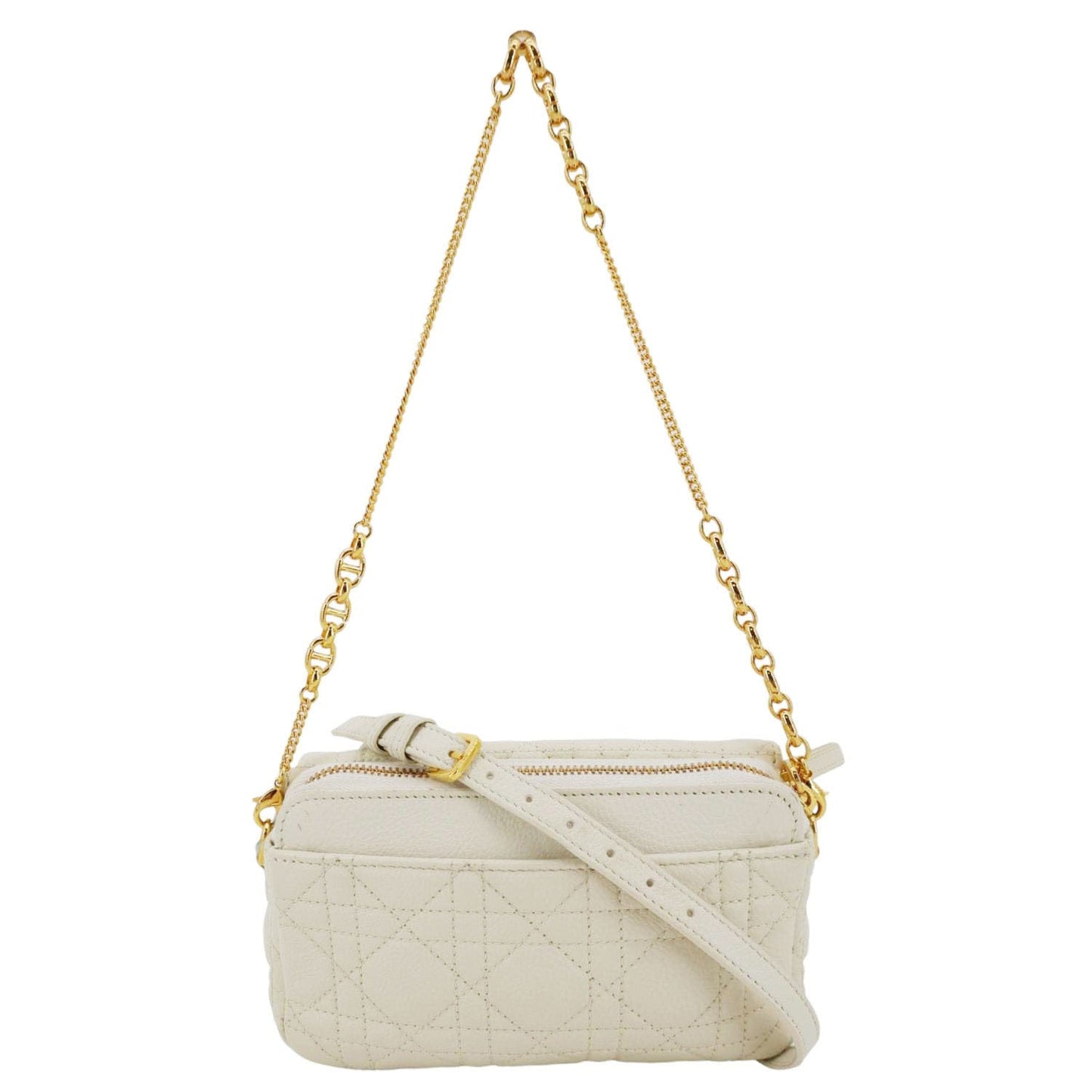 CHRISTIAN DIOR Caro Supple Cannage Calfskin Leather Chain Shoulder Bag Ivory
