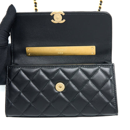 Chanel 22B Flap Bag Enamel/CC Logo Top Handle Lambskin Black Brushed