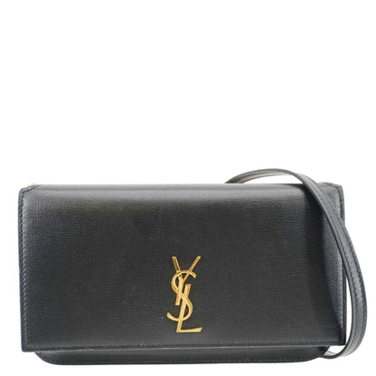 YVES SAINT LAURENT Cassandre Phone Holder Leather Shoulder Bag Black