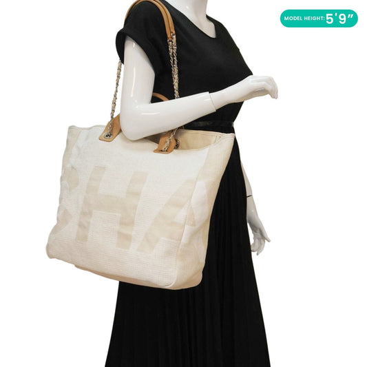 CHANEL Deauville Large Logo printed Canvas Tote Bag Cream
