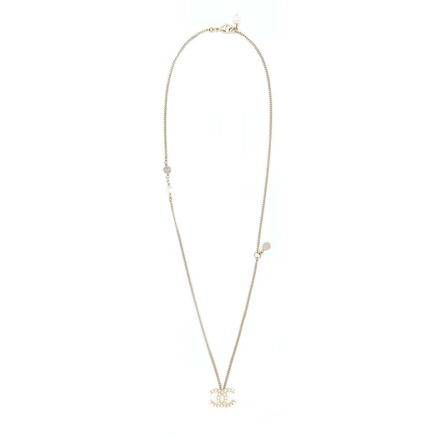 Chanel Pearl CC Logo Necklace Gold Tone