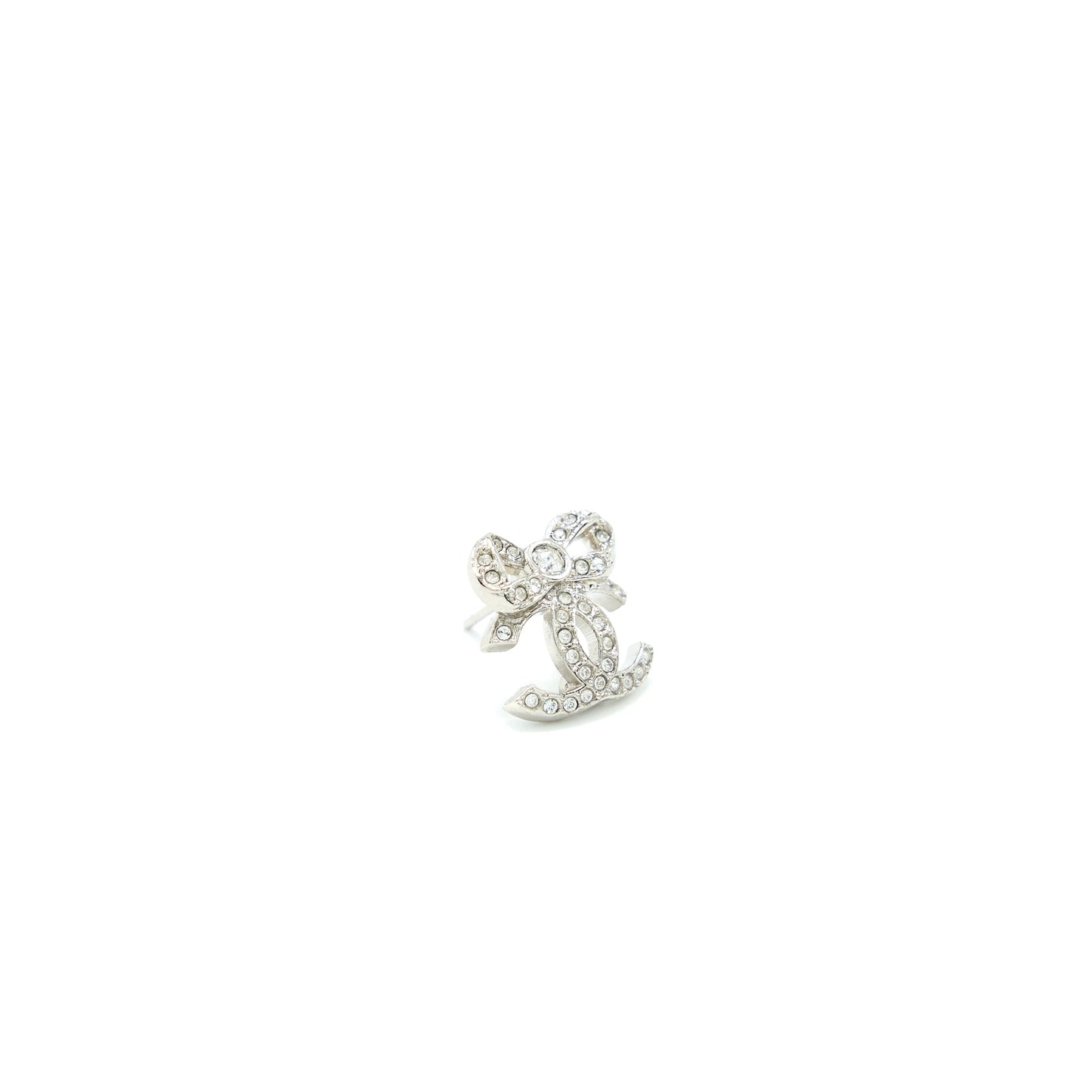 Chanel CC Logo And Bow Earrings Silver Tone