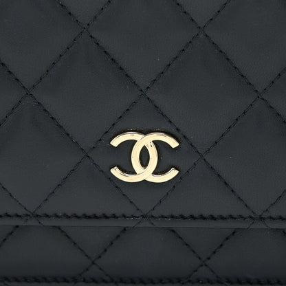 Chanel Quilted Wallet on Chain with Camellia Chain Lambskin Black L