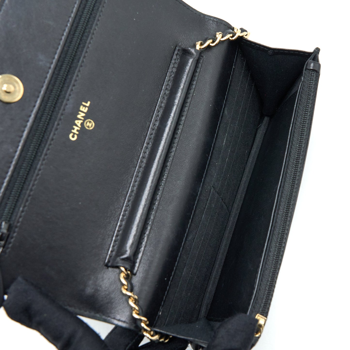 Chanel Quilted Wallet on Chain with Camellia Chain Lambskin Black L