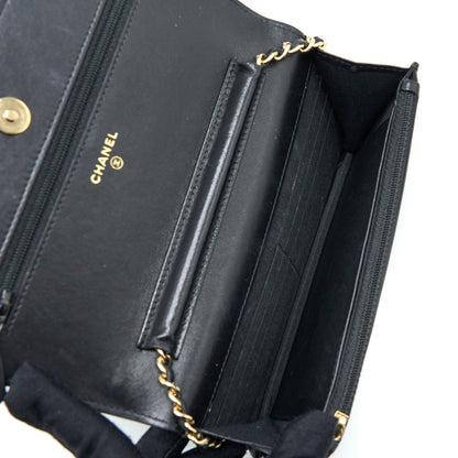 Chanel Quilted Wallet on Chain with Camellia Chain Lambskin Black L