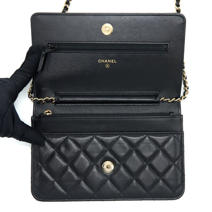 Chanel Quilted Wallet on Chain with Camellia Chain Lambskin Black L