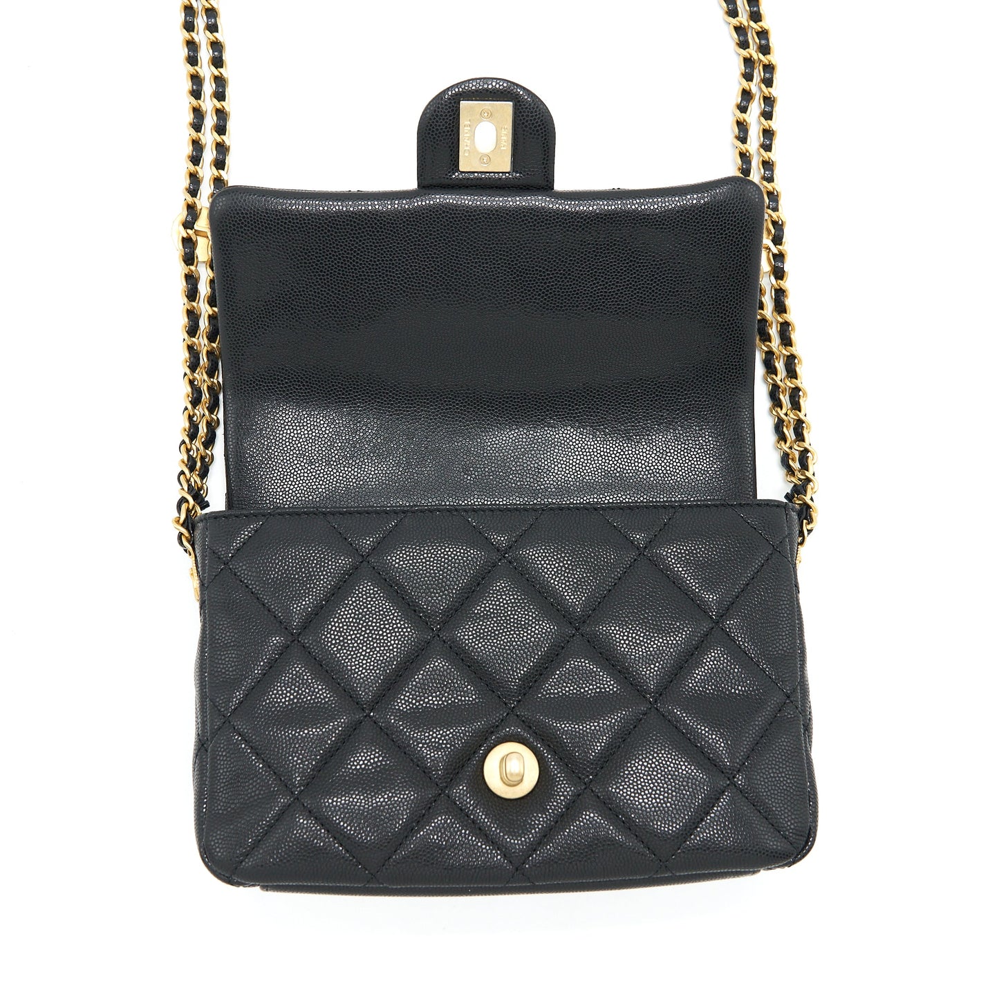 Chanel 22A Small Flap Bag With Button On Chains Caviar Black Brushed