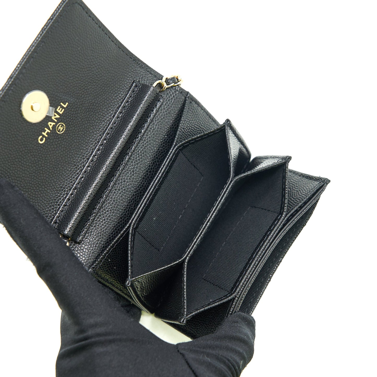 Chanel 21k Caviar mini flap cardholder with chain black L