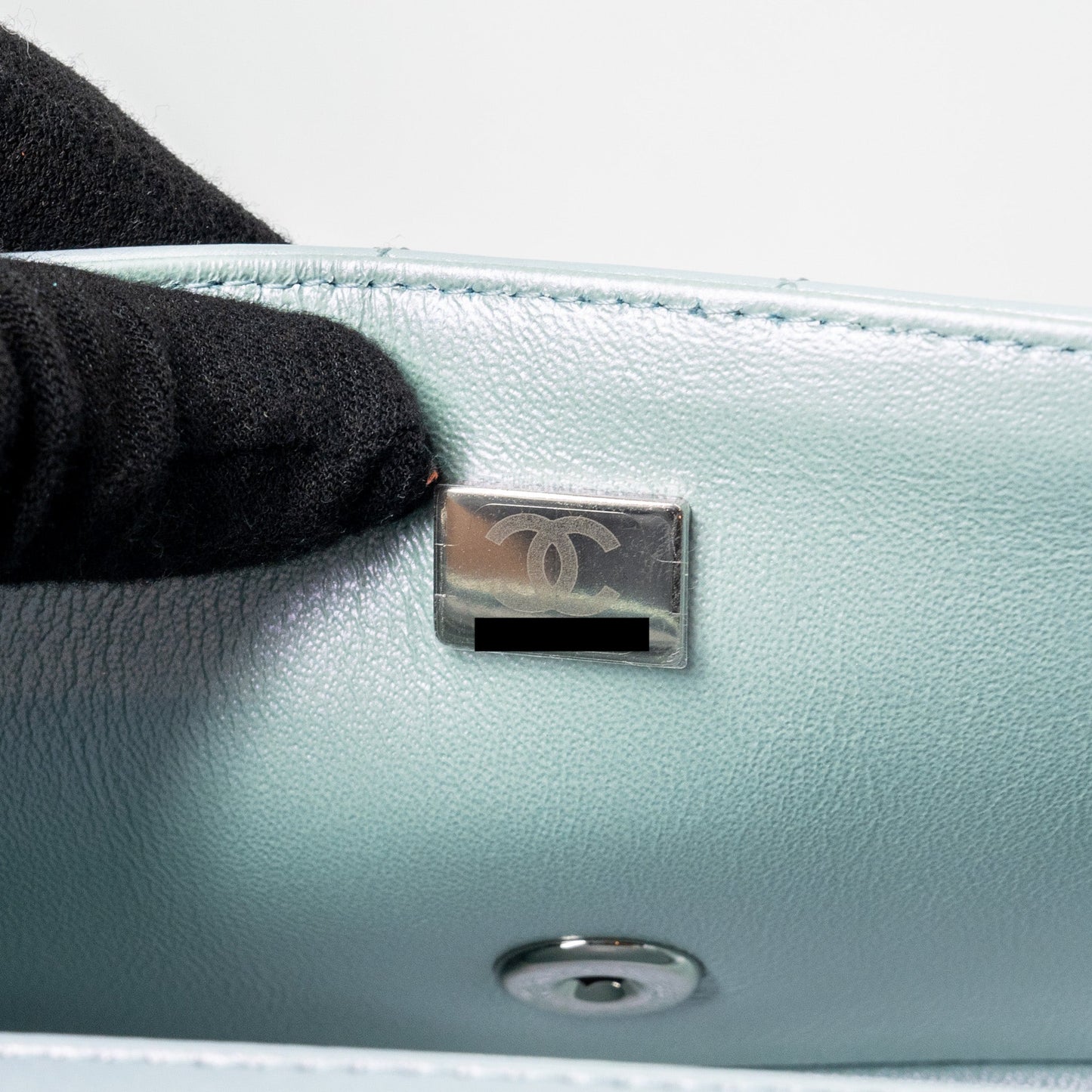 Chanel 21K mini rectangular flap bag calfskin iridescent light blue  (microchip)