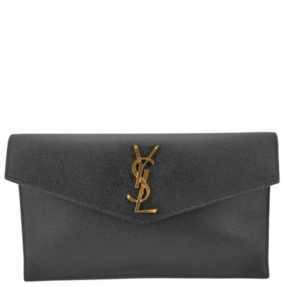YVES SAINT LAURENT Uptown Envelope Grain De Poudre Leather Clutch Black