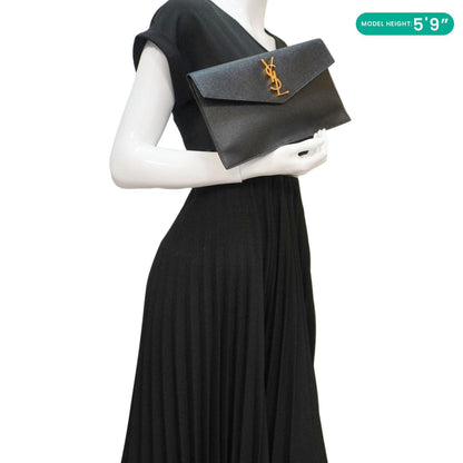 YVES SAINT LAURENT Uptown Envelope Grain De Poudre Leather Clutch Black