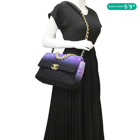 CHANEL 19 Flap Large Quilted Mixed Tweed Shoulder Bag Purple