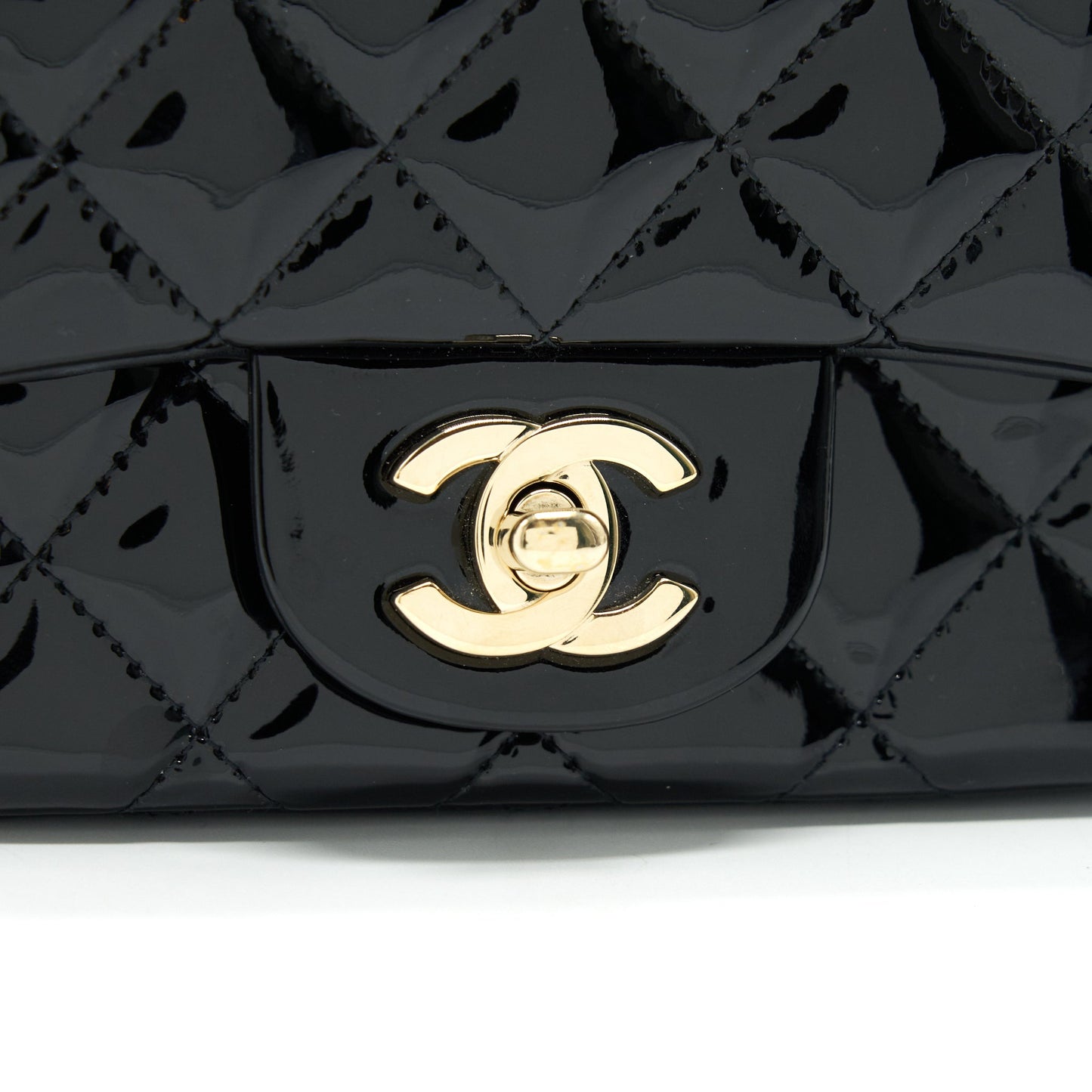 CHANEL MINI SQUARE FLAP BAG QUILTED PATENT LEATHER BLACK