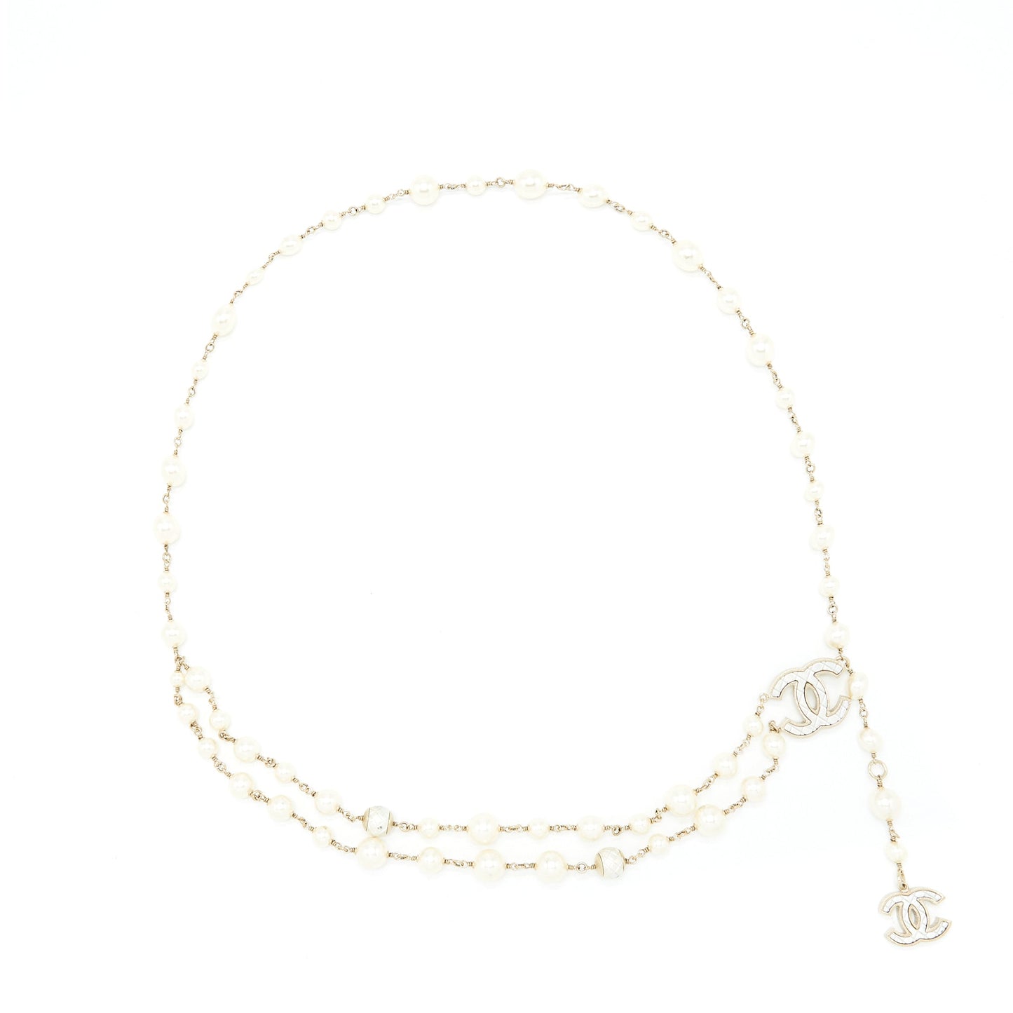 Chanel Pearl Waist Chain Belt With CC Logo Drop Light Gold Tone