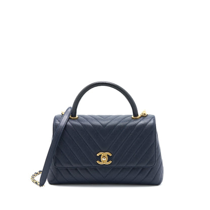 Chanel Medium Chevron Coco Handle Bag Caviar with Lizard Handle Navy Brushed