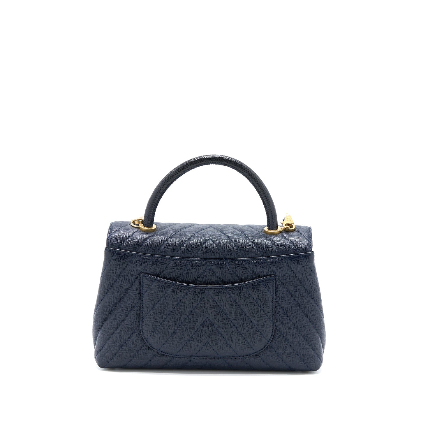 Chanel Medium Chevron Coco Handle Bag Caviar with Lizard Handle Navy Brushed