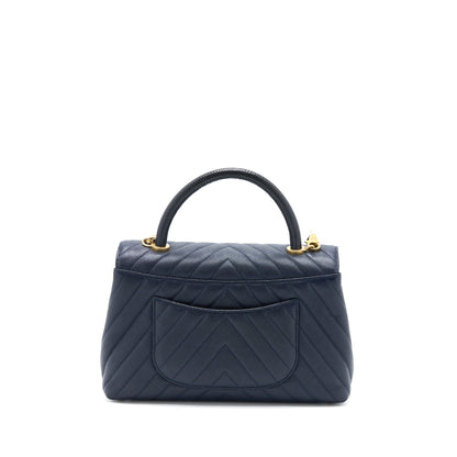 Chanel Medium Chevron Coco Handle Bag Caviar with Lizard Handle Navy Brushed