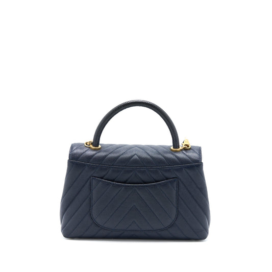Chanel Medium Chevron Coco Handle Bag Caviar with Lizard Handle Navy Brushed