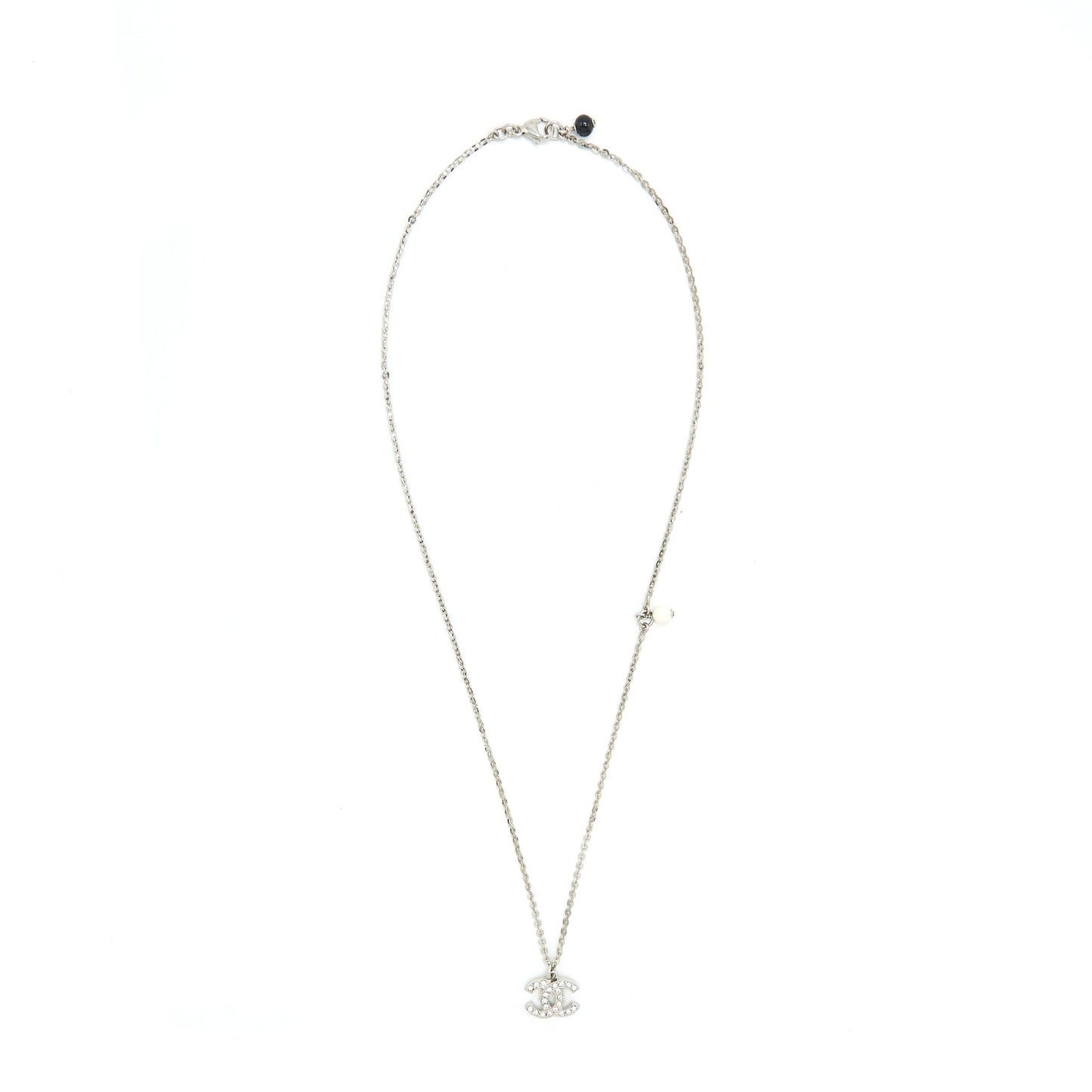 Chanel CC Logo Crystal Necklace Silver Tone
