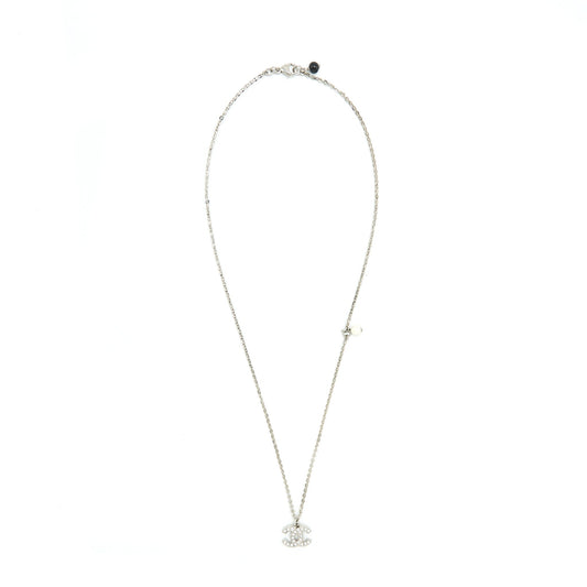 Chanel CC Logo Crystal Necklace Silver Tone