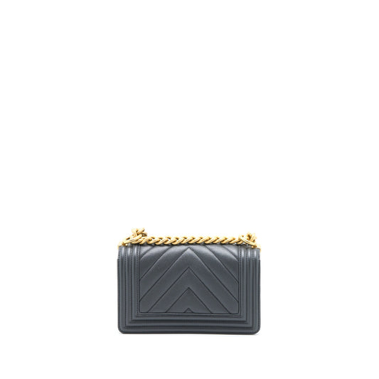 Chanel Small Boy Bag Chevron Caviar Dark Grey Brushed  (Microchip)
