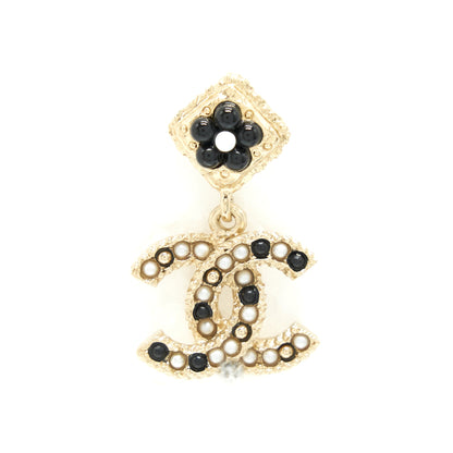 Chanel CC Logo With Flower Black And White Drop Earrings