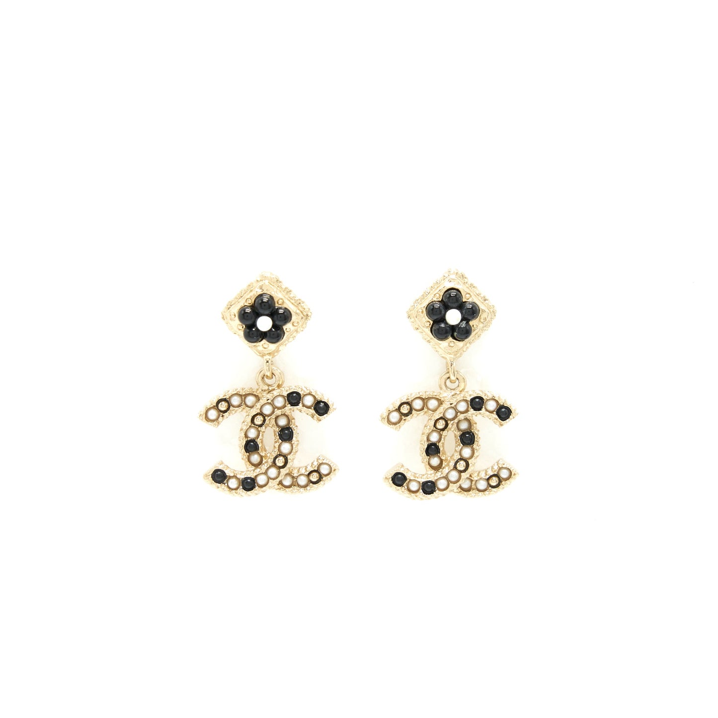 Chanel CC Logo With Flower Black And White Drop Earrings