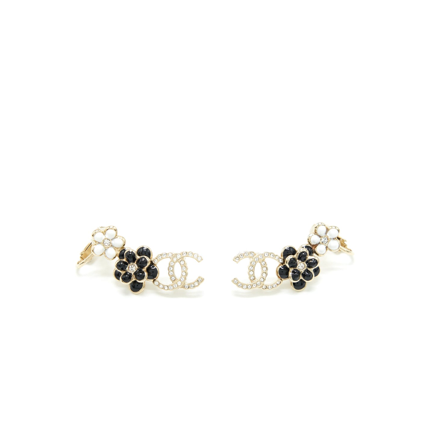 Chanel Crystal CC With Black And White Flowers Earrings L