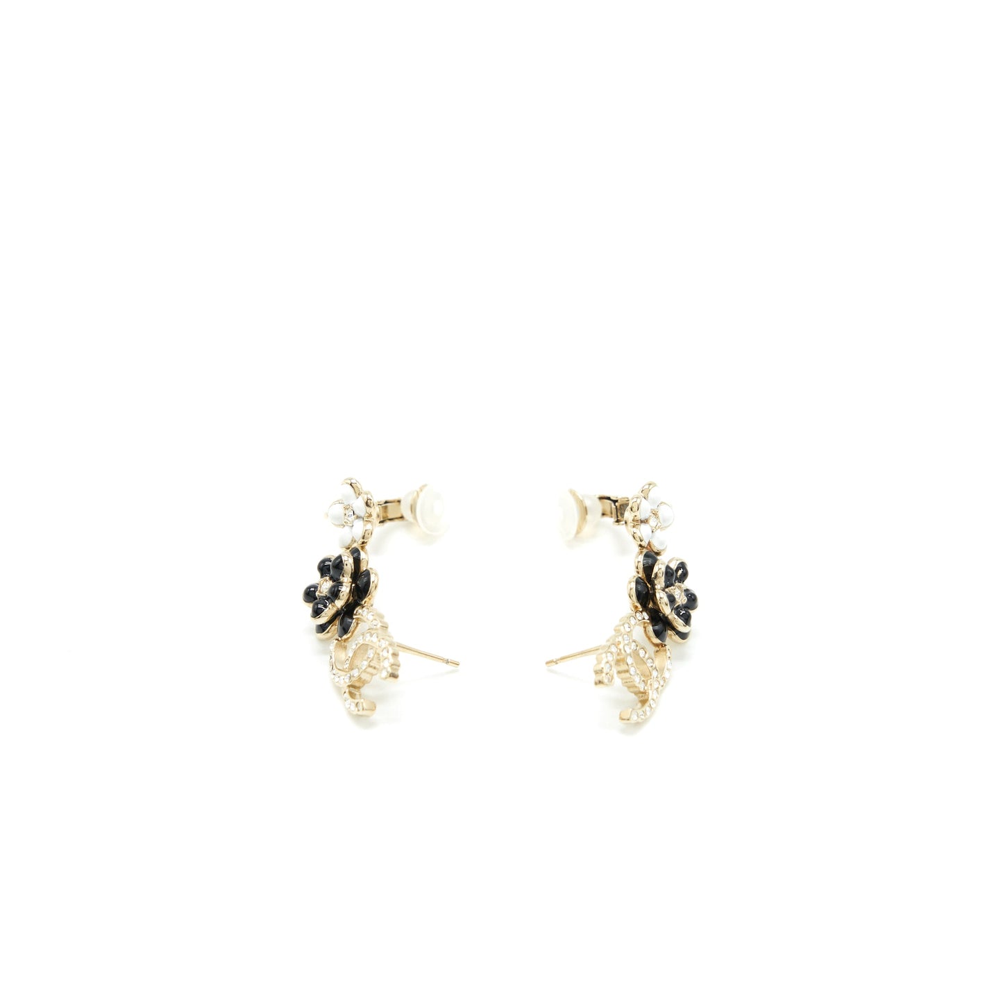 Chanel Crystal CC With Black And White Flowers Earrings L