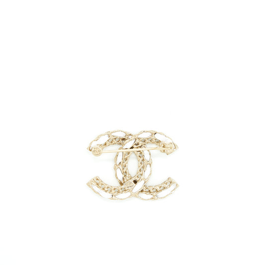 Chanel Small Leather Chain CC Logo Brooch White/Light Gold Tone