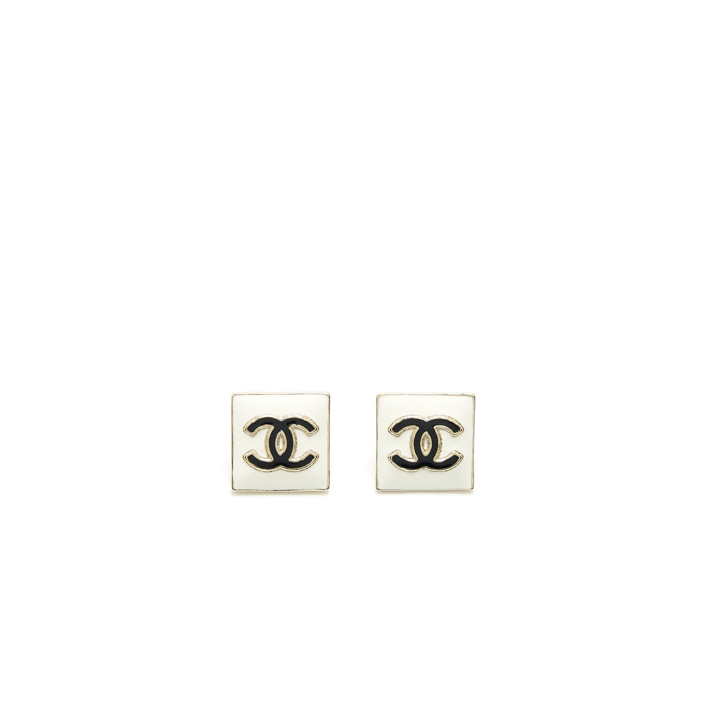Chanel Square Enamel CC Logo Earrings Black/White Light Gold Tone