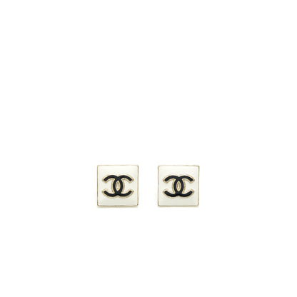 Chanel Square Enamel CC Logo Earrings Black/White Light Gold Tone