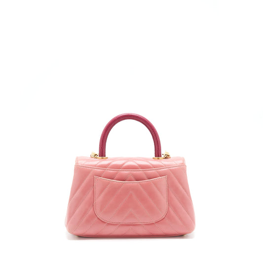 Chanel Small Coco Handle Chevron Calfskin With Lizard Handle Pink