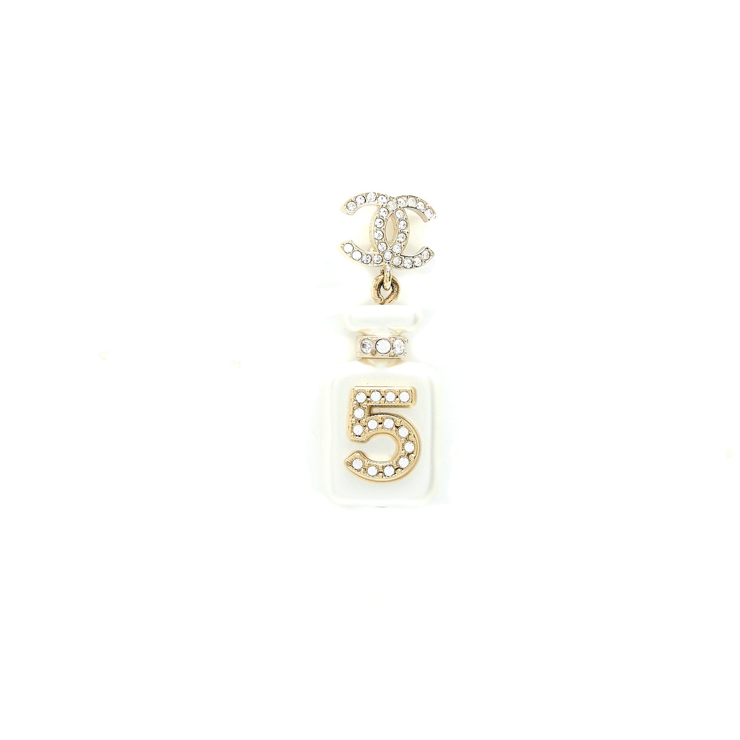 Chanel No.5 Perfume Bottle CC Logo Drop Crystal/Pearl Earrings Light Gold Tone