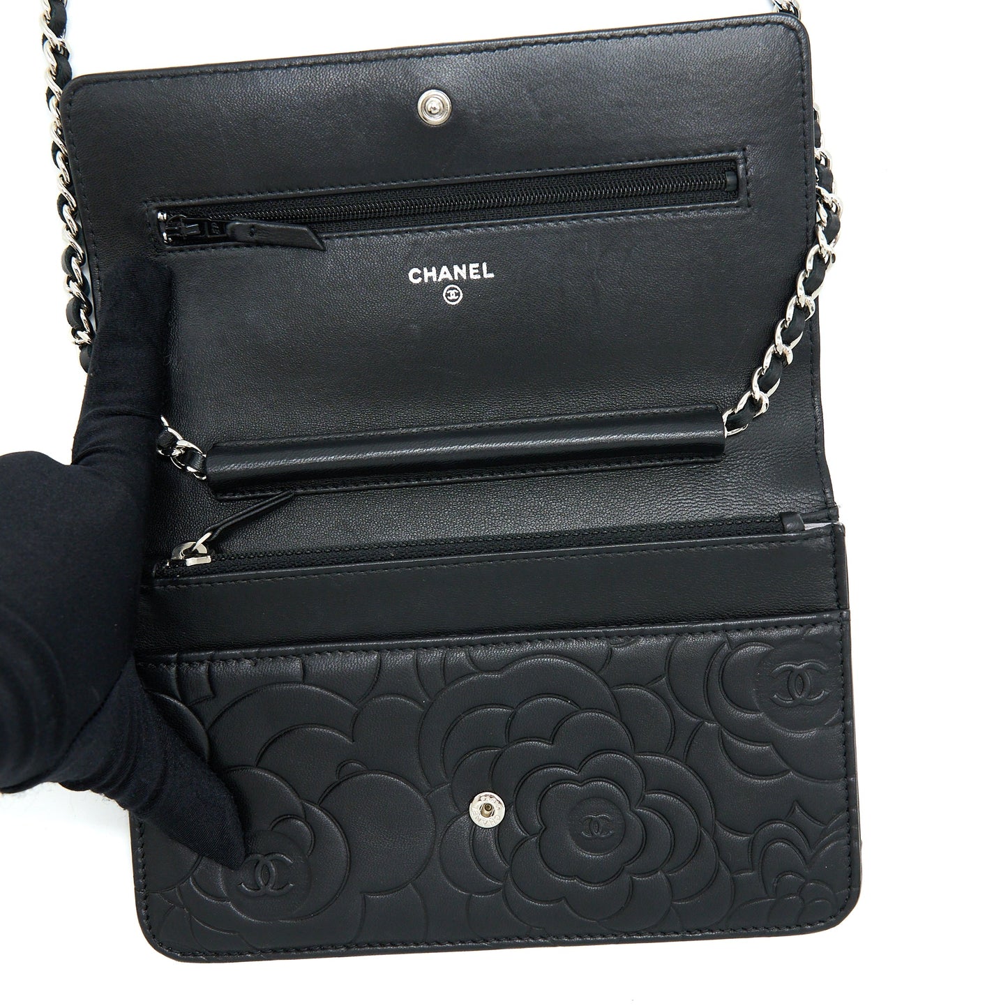 Chanel Camellia Wallet On Chain Lambskin Black